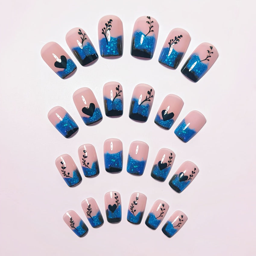 24pcs/48pcs Pink Blue Gradient Wind Pressing Fake Nail Set, Square Type A, with Black Hearts, Branches, And Glitter, Romantic And Fashionable, Including Jelly Glue And Nail Files, Suitable for Daily Use, The First Choice for