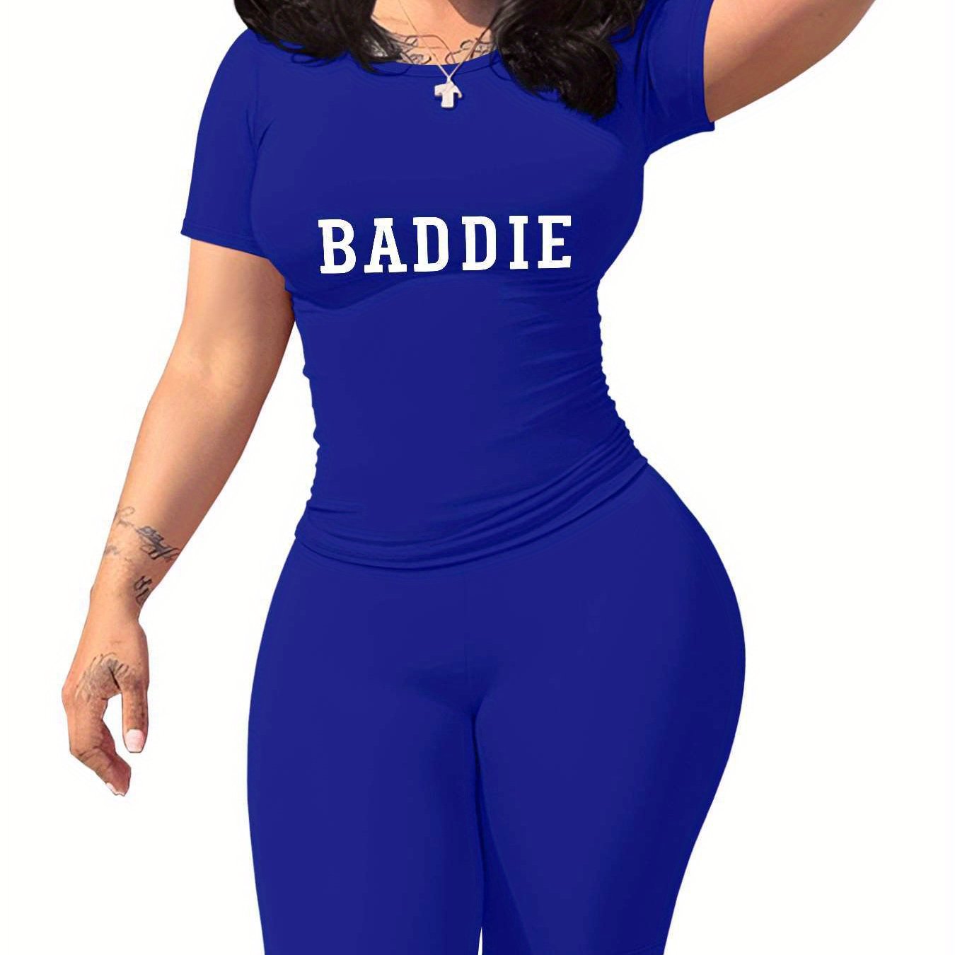 Baddie Women'S SlimFit TShirt and Shorts Set, Premium Baddie Lettering Print, Durable Baddie Graphic Design, Casual Baddie Style Fashion with Soft Fabric, Comfortable and LongLasting Baddie Trend., Allseason Apparel, Trendy O