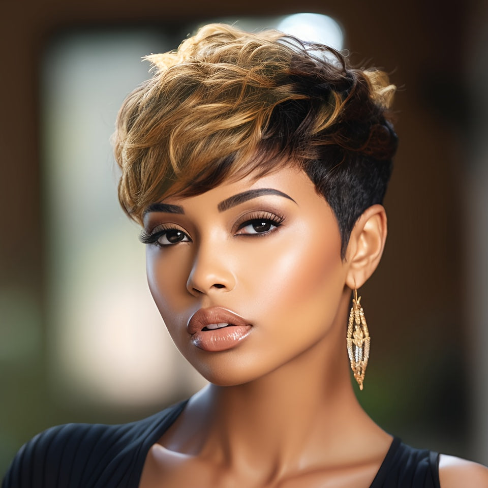 Women'S Remy Peruvian Human Hair Wig with Bangs - Layered Short Straight Pixie Cut, Natural Brown Balayage Highlights (1B/30#), Density Full Head