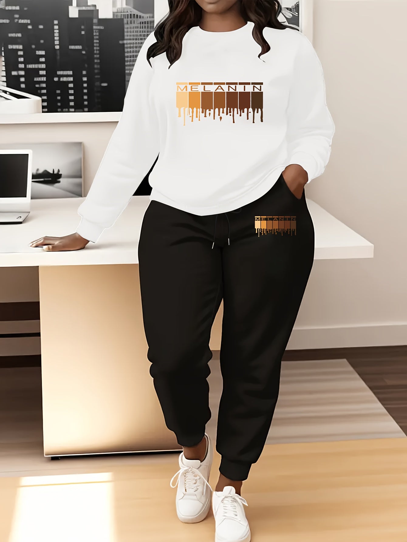 Women'S Plus Size Oversized Hoodie & Jogger Pants Set - Cozy Winter Warmth, Soft Round Neck Sweatsuit with Geometric Print, Full-Zip Hooded Jacket & Matching Pants, Casual Lounge Wear, Plus Size Friendly Comfortable Outfit fo