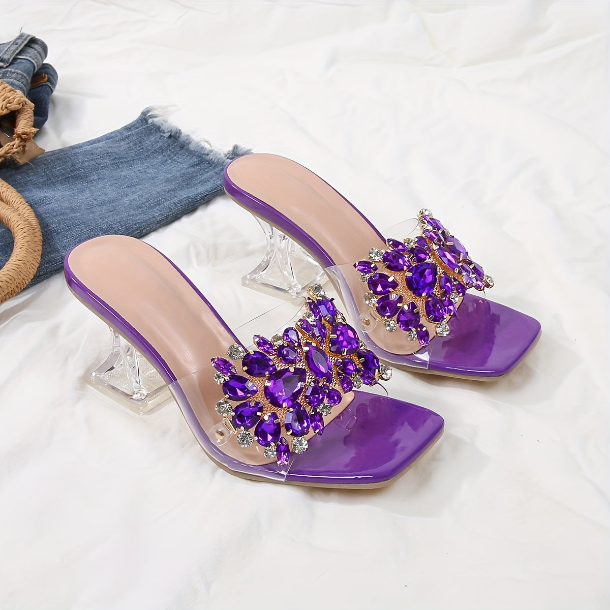 New Women'S High-Heeled Sandals with Transparent Crystal Heels And Rhinestone Embellishments, Perfect for Upscale Parties And Weddings.