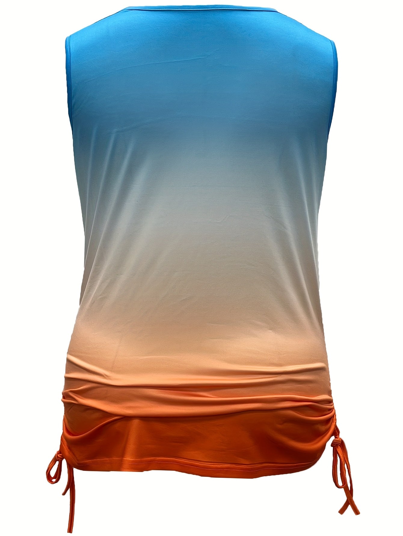Plus Size, Plus Size Women's Gradient Color Sleeveless V-Neck Top - Turquoise to Purple Ombre Stretchy Ruching Blouse with Adjustable Drawstring Waist, Machine Washable Summer Casual Chic Shirt, Smooth Texture & Stylish Comfo