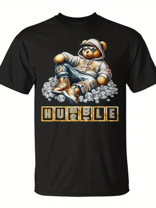 Men's Humble Rapper Teddy Bear Graphic T-Shirt - Soft, Breathable Cotton Crew Neck Tee with "Hustle" Design, Black Casual Summer Wear, Regular Fit, Lightweight & Durable for Everyday Use, Breathable Tshirt | Humorous Tee | Du
