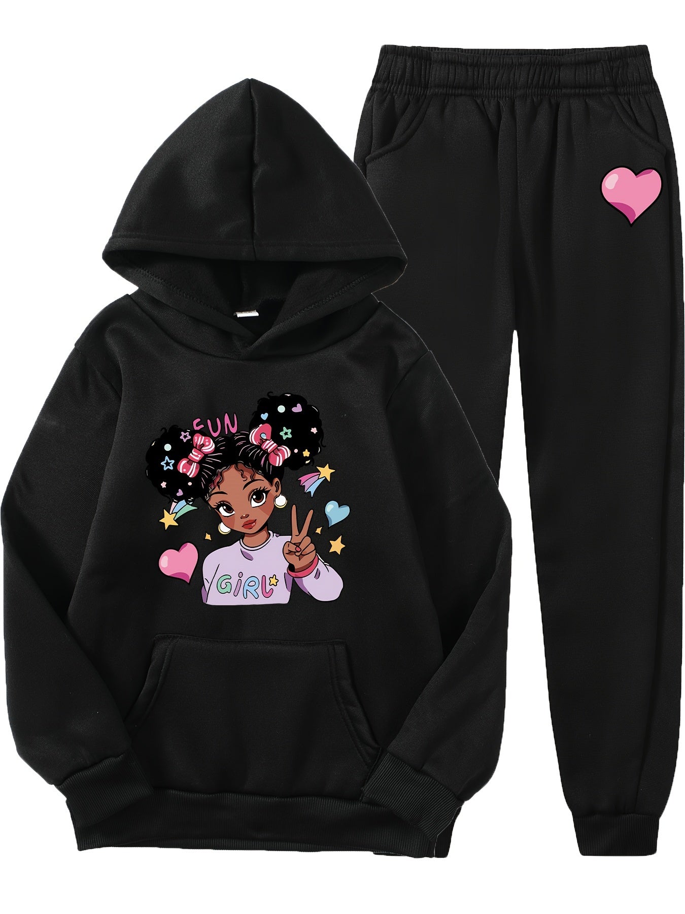 Fashion Cartoon Girl Pattern Print Autumn and Winter Girls' Long Pants Set Casual Hooded Sweatshirt + Joggers 2pcs, Perfect for Outdoor, Casual Attire, Cozy Outfit, Casual Wear, Trendy Design, Durable Material, Long Sleeve To