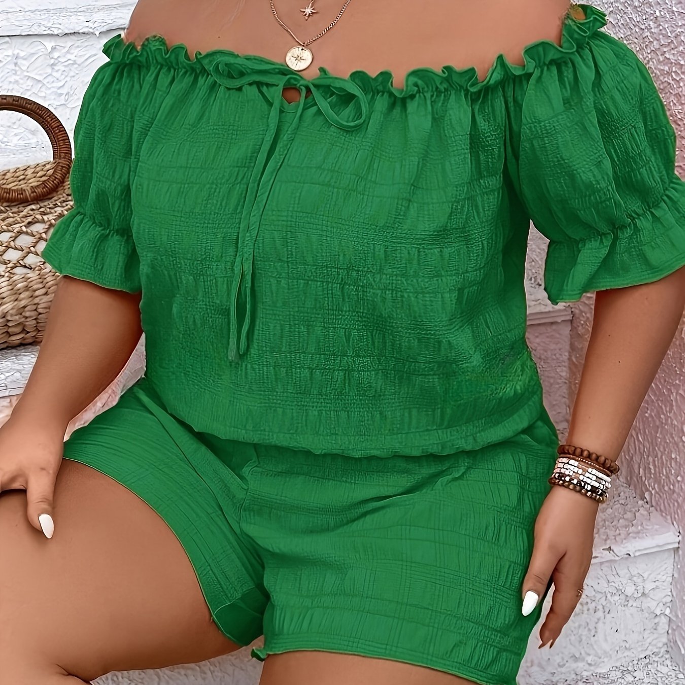 Plus Size - Plus Size Solid Textured Two-piece Set, Off Shoulder Lettuce Trim Short Sleeve Top & Shorts Outfits, Women'S Plus Size Clothing