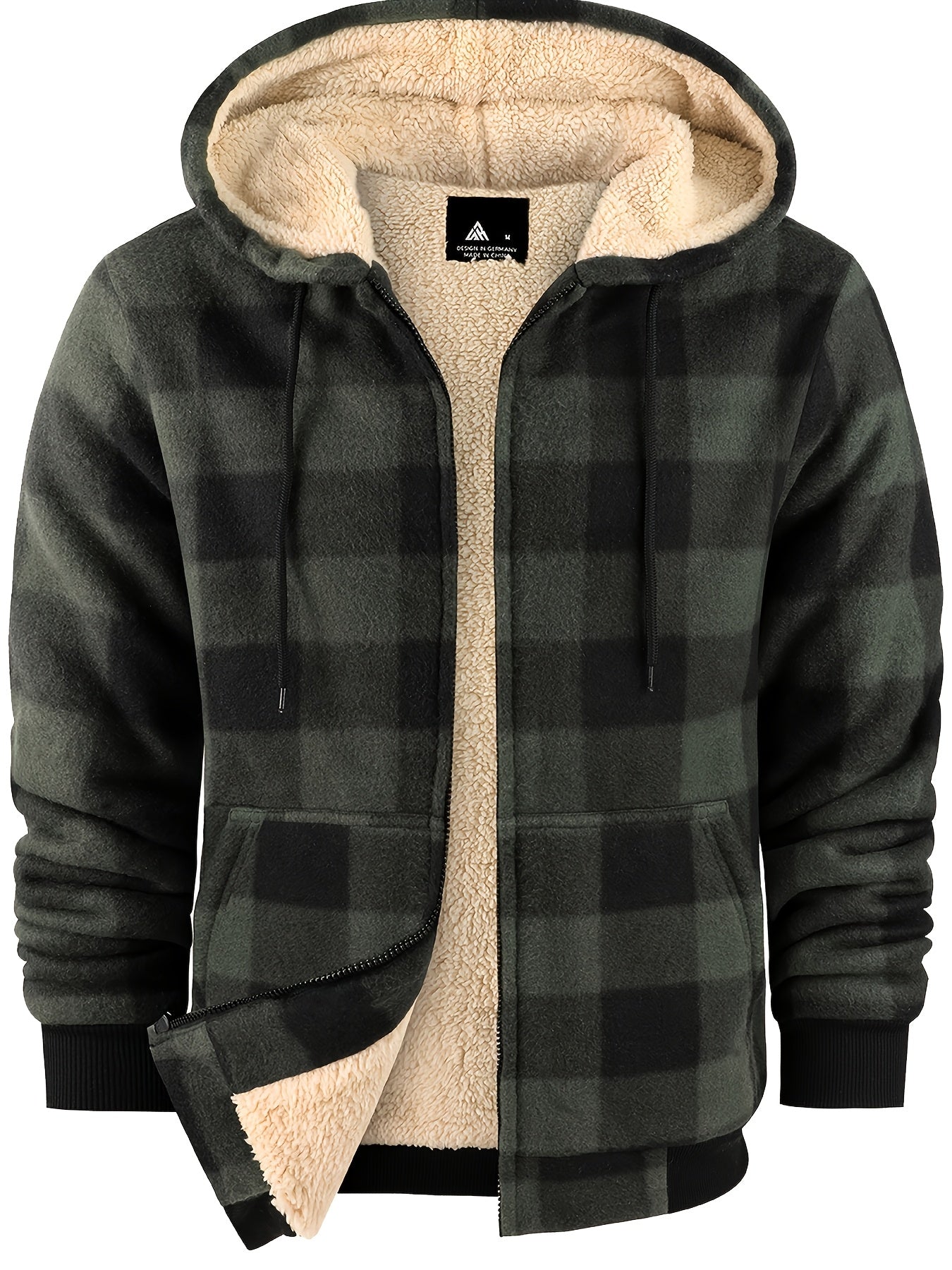 Men's Heavyweight Fleece Hooded Jacket - Full-Zip Sherpa Lining, Thick Winter Coat with Plaid Pattern (Blue/Black/Beige/Brown), Zippered Pockets, Hand Washable, Casual Outerwear for Cold Weather & Everyday Use - Ideal for Ski