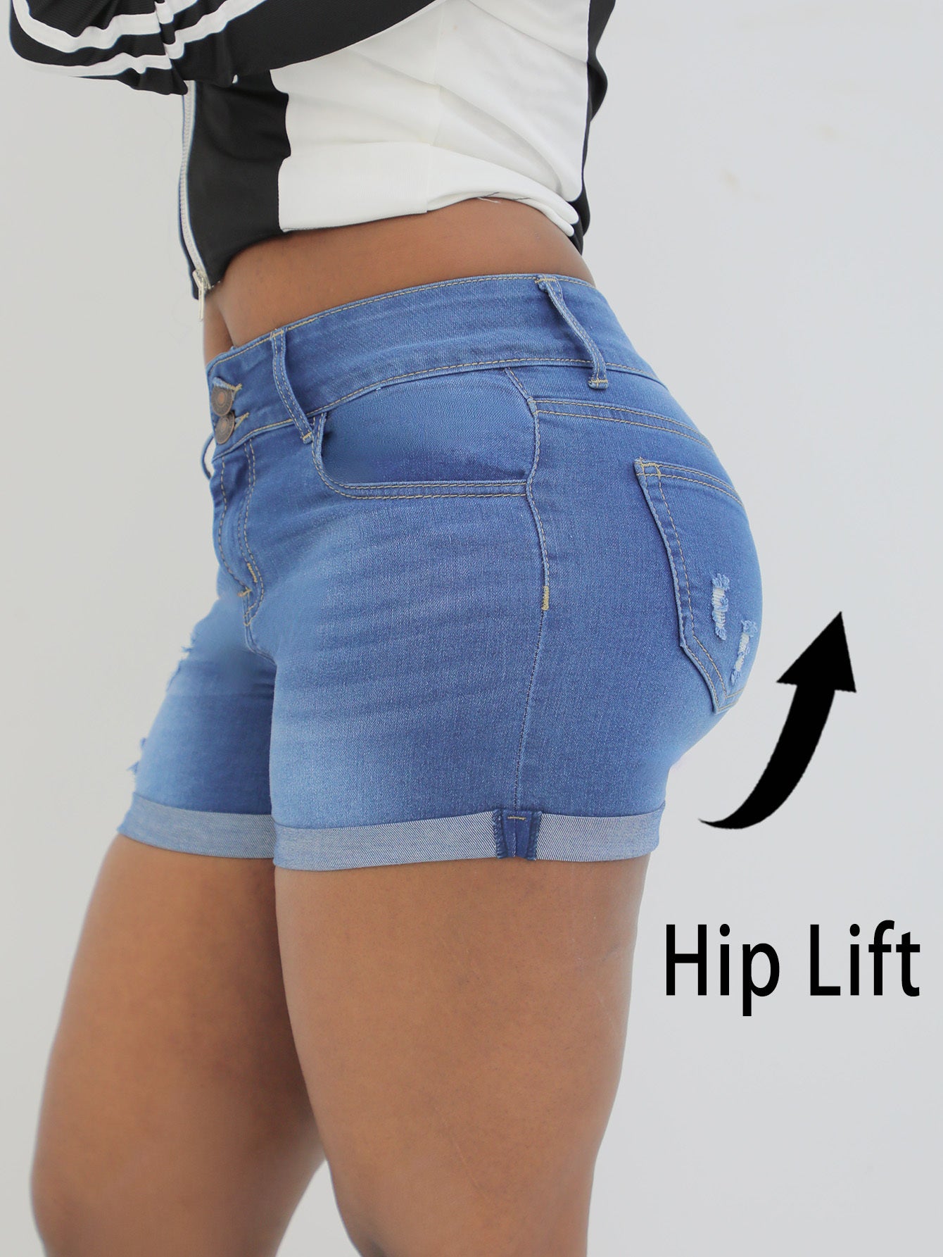 Medium blue jean shorts for women, comfortable stretchy fabric, stylish ripped double button design, angled pocket, machine washable, summer must-have