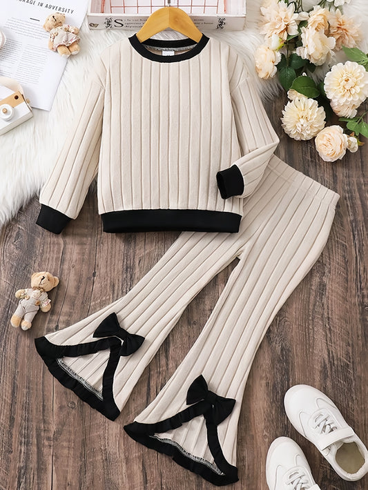 Targeted Development Two-Piece Autumn/Winter Girls' Round Neck Long Sleeve Ribbed Pullover + Bow-Trimmed Flared Pants Set, Gift Set for Girls, Perfect for Outdoor