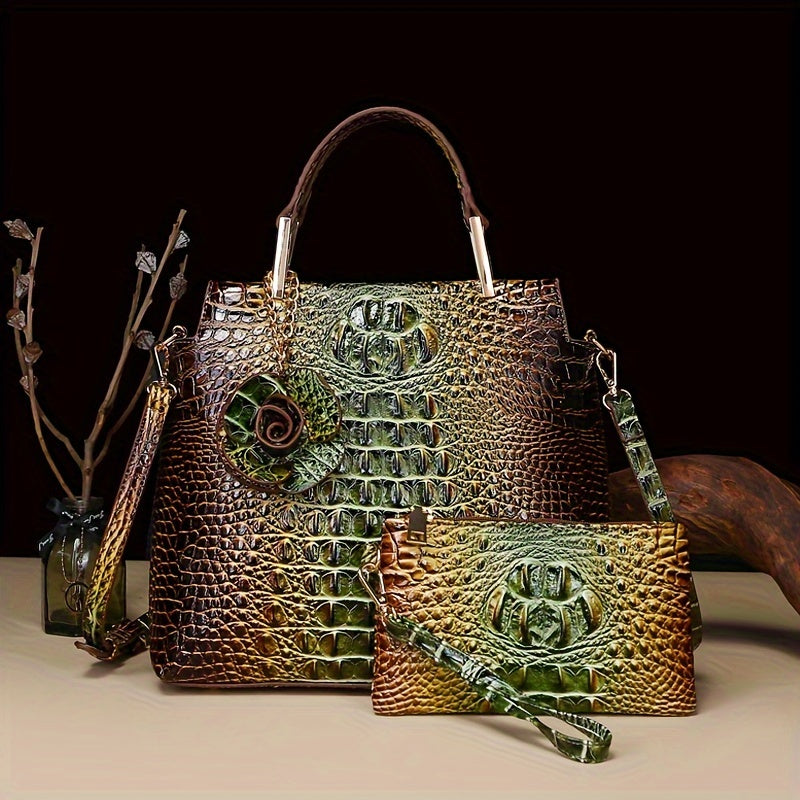 2pcs Crocodile Print Handbag Set - Fashionable Vintage Style, Multi-Functional Top Handle Crossbody, Business Clutch & Coin Purse - Spacious, Secure, Ideal for Everyday Chic
