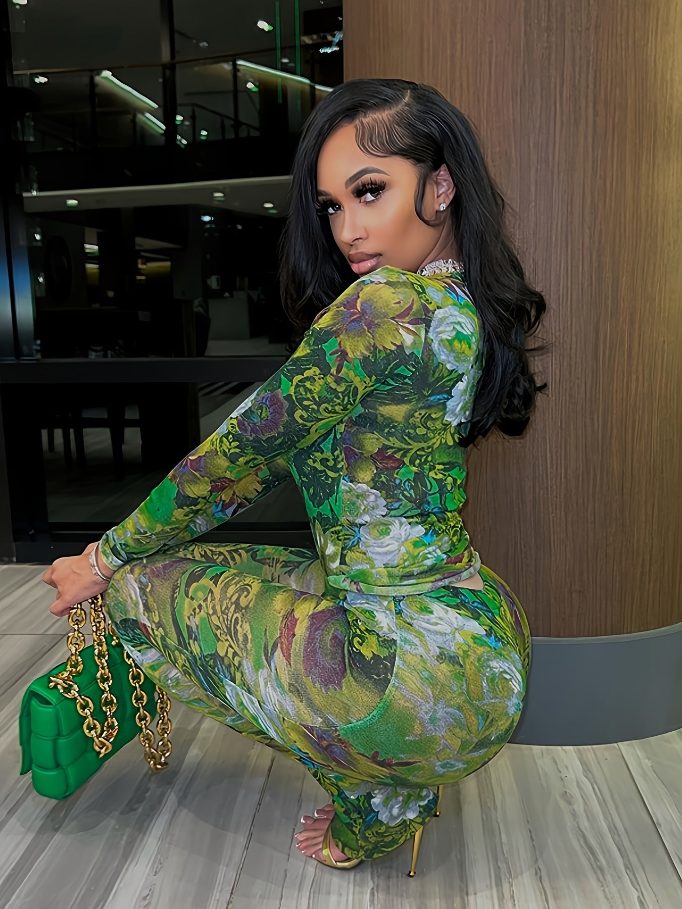 Women Two Piece Set Floral Print See-Through Mesh Long Sleeve Round Neck Top and Pants Set Long Sleeve Round Neck Cropped Top and High Waist Flared Pants Set Y2K Style Suitable for Leisure, Party, Festival