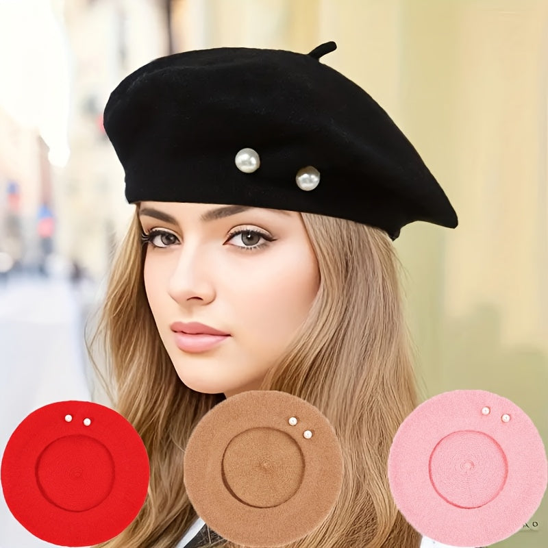 1pc Women's Polyester Beret with Artificial Pearl Accents - Elastic Fit, Lightweight Knitted Painter Hat for Valentine's Day, Versatile Daily Wear Accessory, Commuting Accessory | Artificial Pearl Detail | Polyester Fiber Hat