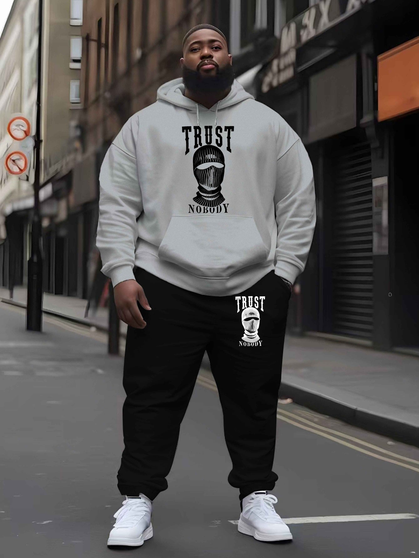 Trust Nobody Men's Large Size Autumn and Winter Hooded Sweatshirt Set New Men's Trendy Printed Drawstring Hoodie Casual Sports Top Set, PLUS SIZE