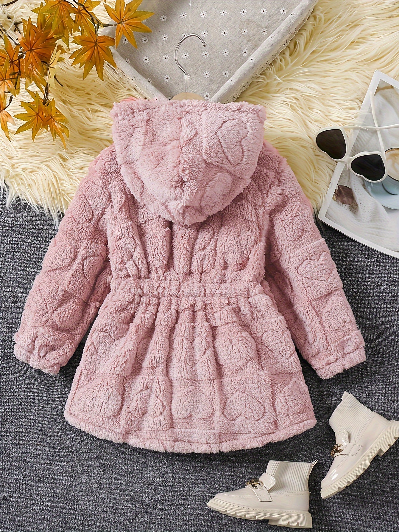 Chic Girls' Hooded Heart Pattern Fleece Cardigan - Cozy & Cute Outerwear for Fall/Winter, Machine Washable