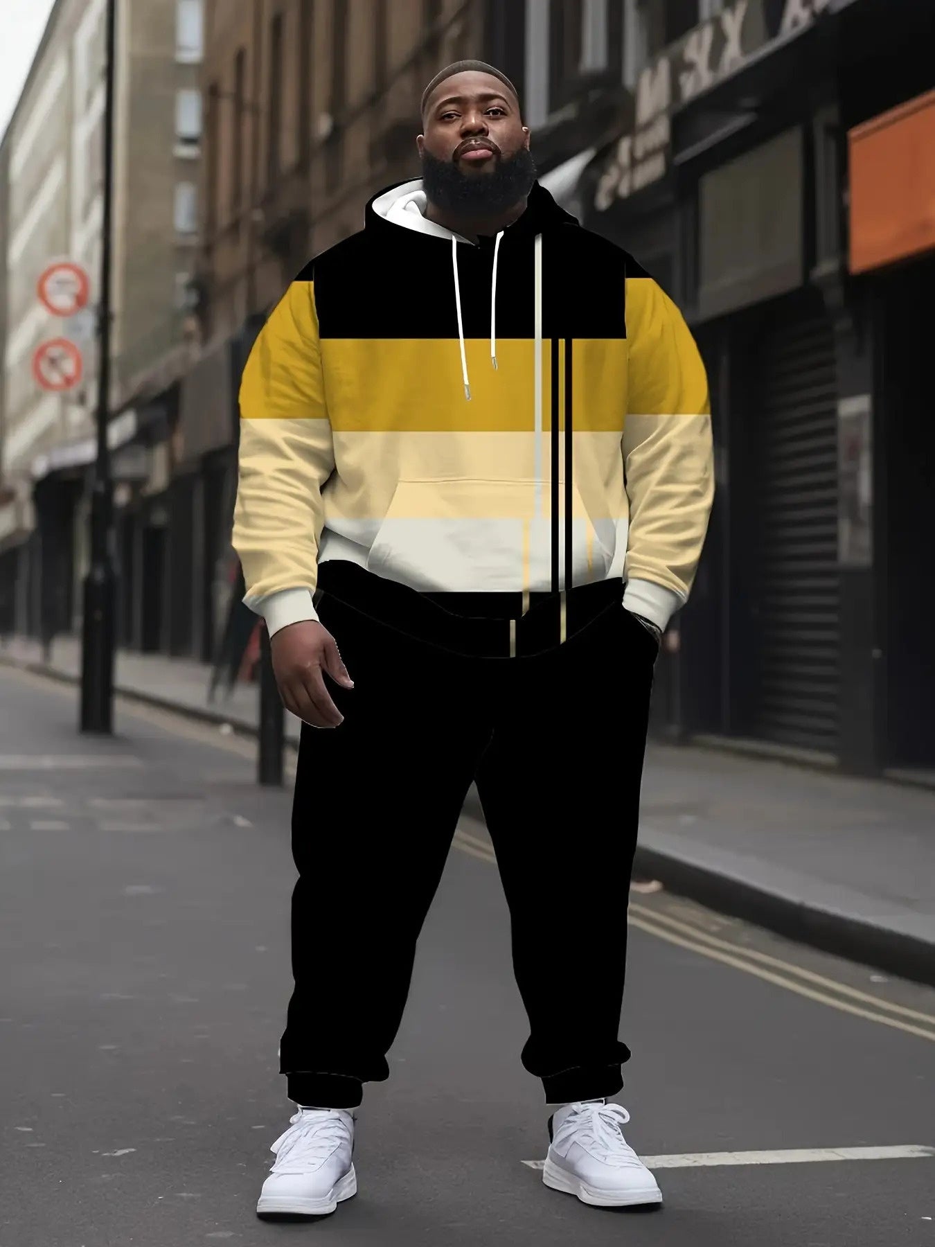 Men'S & Unisex Athletic Tracksuit Set - 100% Polyester Full-Body Striped Print Hooded Sweatshirt & Sweatpants, Elastic Gym Wear with Regular Fit, Plus Size Casual Sportswear for Gym, Jogging, Casual Attire - Breathable & Wrin