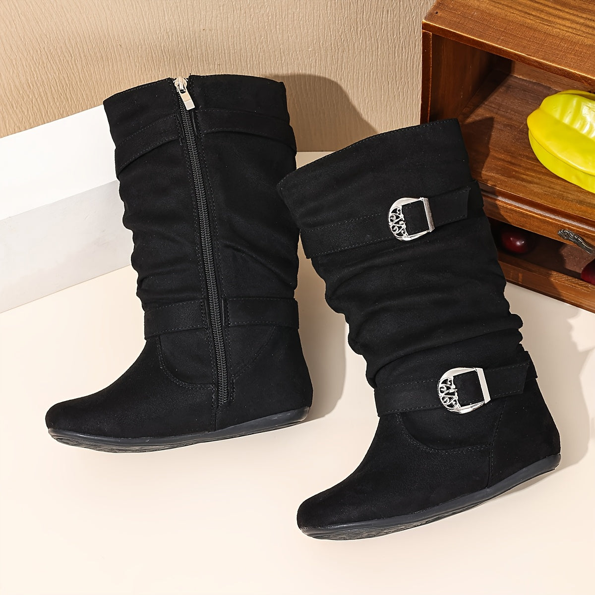 Girls' Pleated Mid-Calf Boots with Fringe & Buckle - All-Season Zipper Closure Round Toe School Shoes, Soft TPR Sole & Fabric, Cute Brown/Black Casual Boots for Kids ( to Teen) - Comfortable Everyday Boots