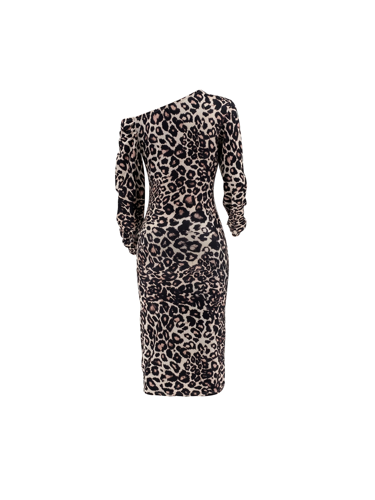 Women'S Elegant Leopard Print Bodycon Dress, Long Sleeve Asymmetrical Strapless Knit Polyester (95% Polyester, 5% Elastane), Skinny Fit, High Stretch, Spring/Summer Fashion, No Belt Design