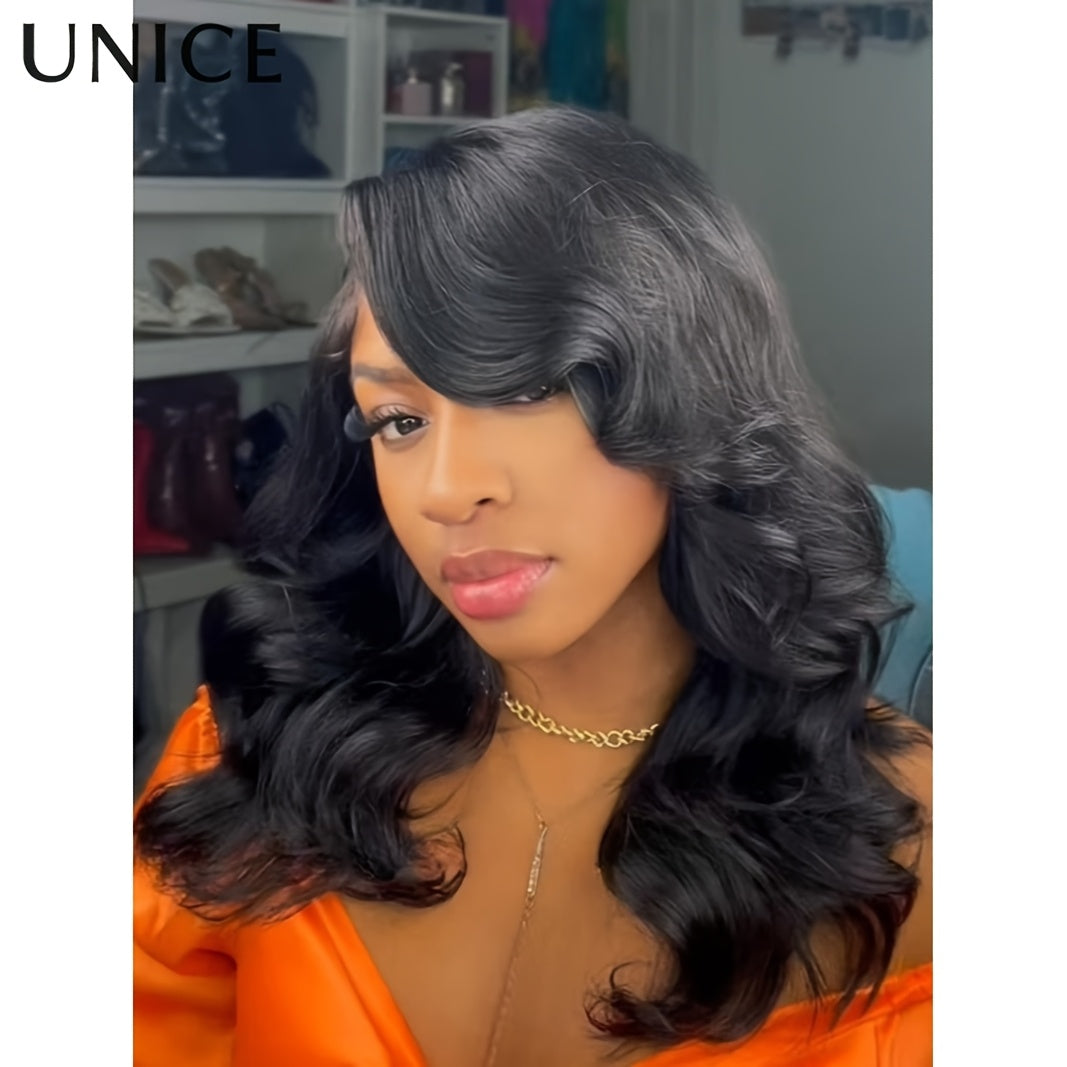 UNice 250% Density Human Hair Wig with Feathered Layers & Volume - Bye-Bye Slip (Adjusts 18"-24") | Secure Strips & Drawstring Closure | Pre-Layered Style for & | Hair Density (No Glue Needed)