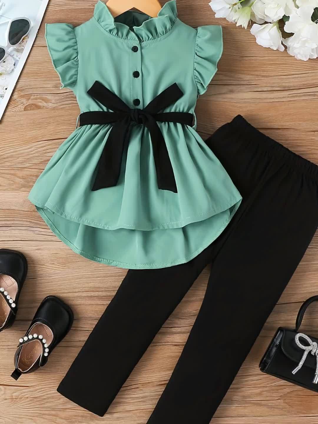 Outdoor Two-Piece Set for Girls, Fashionable Spring/Summer Contrast Belt Flutter Sleeve Half Cardigan with Tie-Waist and Peplum Backless Top + Long Pants, Perfect for Outdoor