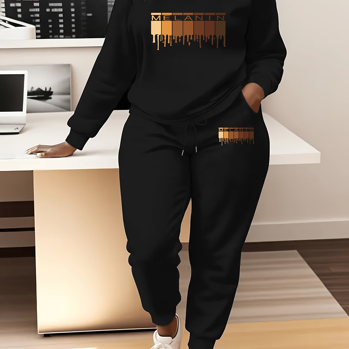 Women'S Plus Size Oversized Hoodie & Jogger Pants Set - Cozy Winter Warmth, Soft Round Neck Sweatsuit with Geometric Print, Full-Zip Hooded Jacket & Matching Pants, Casual Lounge Wear, Plus Size Friendly Comfortable Outfit fo
