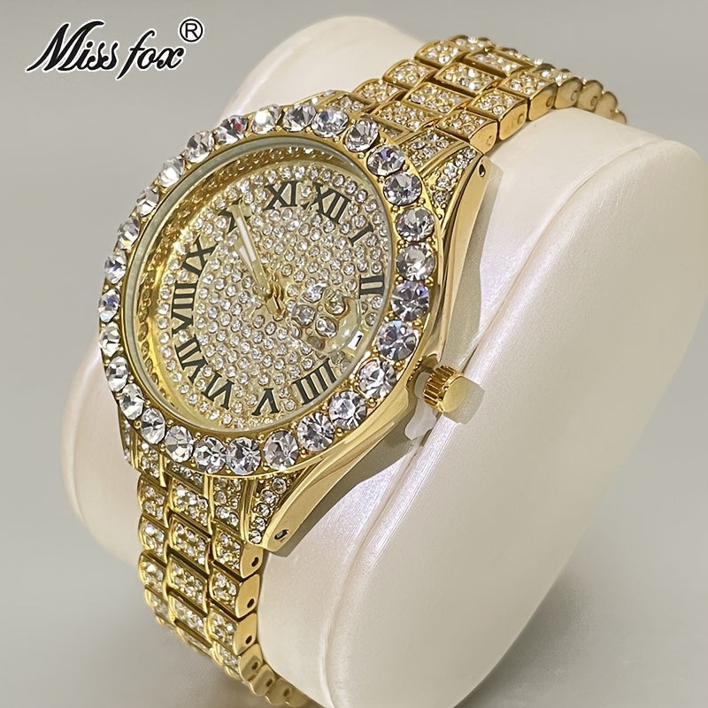 MISSFOX Elegant Quartz Watch for Women - Luminous, Round Alloy Case, Hip-Hop Iced-Out Design with Sparkling Crystals, Perfect for Casual or Formal Wear, Ladies Watches