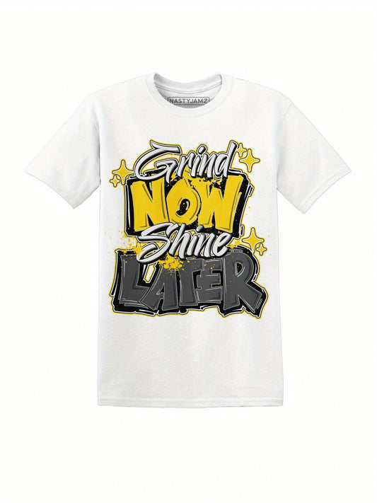 Men's Retro Streetwear T-Shirt with Bold 'GRIND NOW LATER' Graphic Print - 100% Soft Cotton, Pre-Shrunk & Machine Washable, All-Season Comfort, Regular Fit Crew Neck Tee in Bright Yellow & Black on White Base for Casual, Spor