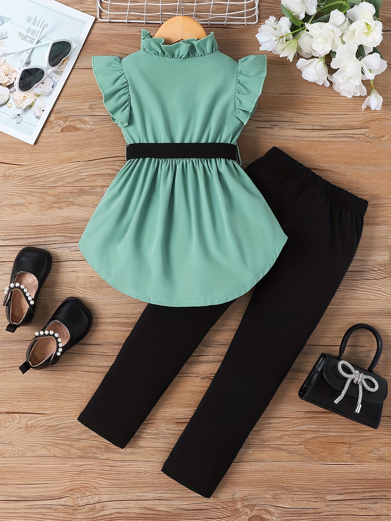 Outdoor Two-Piece Set for Girls, Fashionable Spring/Summer Contrast Belt Flutter Sleeve Half Cardigan with Tie-Waist and Peplum Backless Top + Long Pants, Perfect for Outdoor