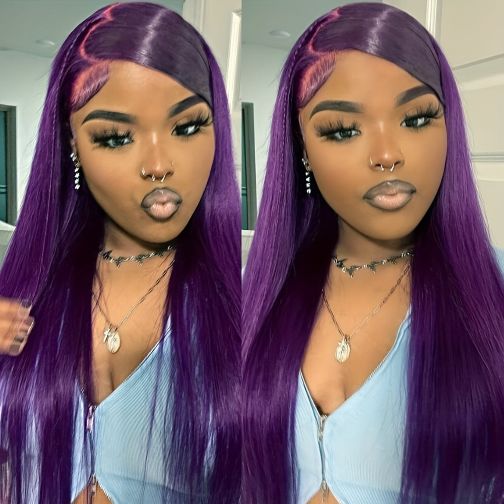 26 Inch Dark Purple Lace Front Wigs for Women Pre Plucked Hair Line Free Parting Heat Resistant Long Straight Soft Wig Glueless Hair Replacement Wigs for Party Daily Use 180% Density
