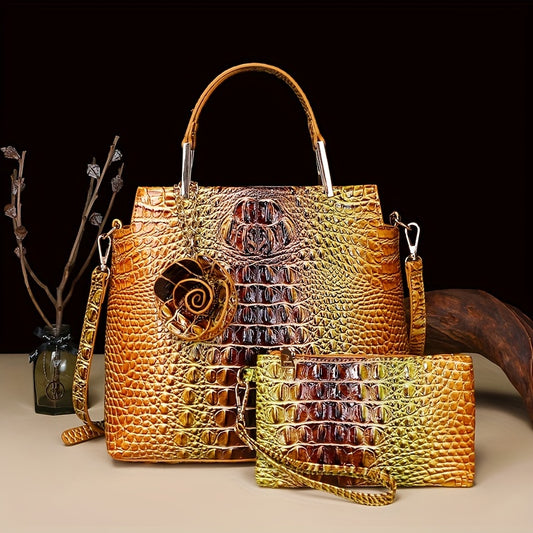 2pcs Crocodile Print Handbag Set - Fashionable Vintage Style, Multi-Functional Top Handle Crossbody, Business Clutch & Coin Purse - Spacious, Secure, Ideal for Everyday Chic