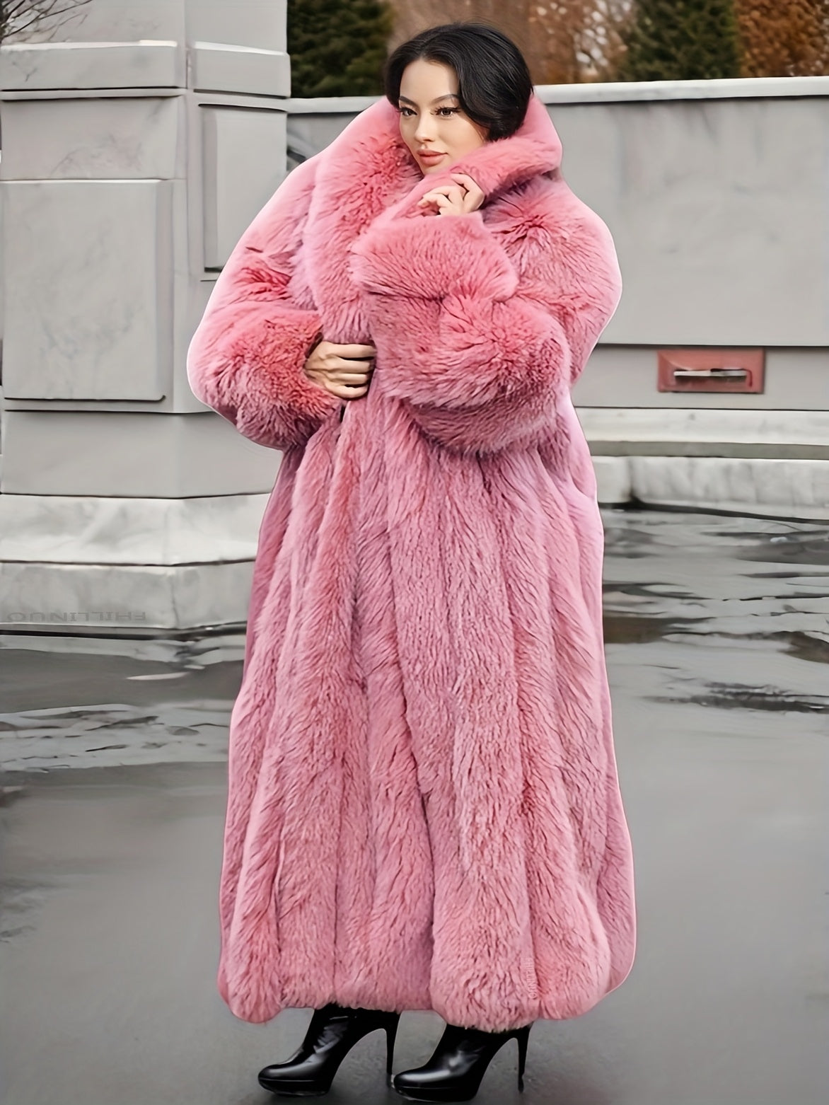 Plus Size - Plus Size Long Faux Rabbit Coat for Women | Stylish and Casual with Elegant Vibe, Non-Stretch Fabric, Lapel Collar, Solid Color, Regular Sleeve, Long Length, Fall/Winter Season