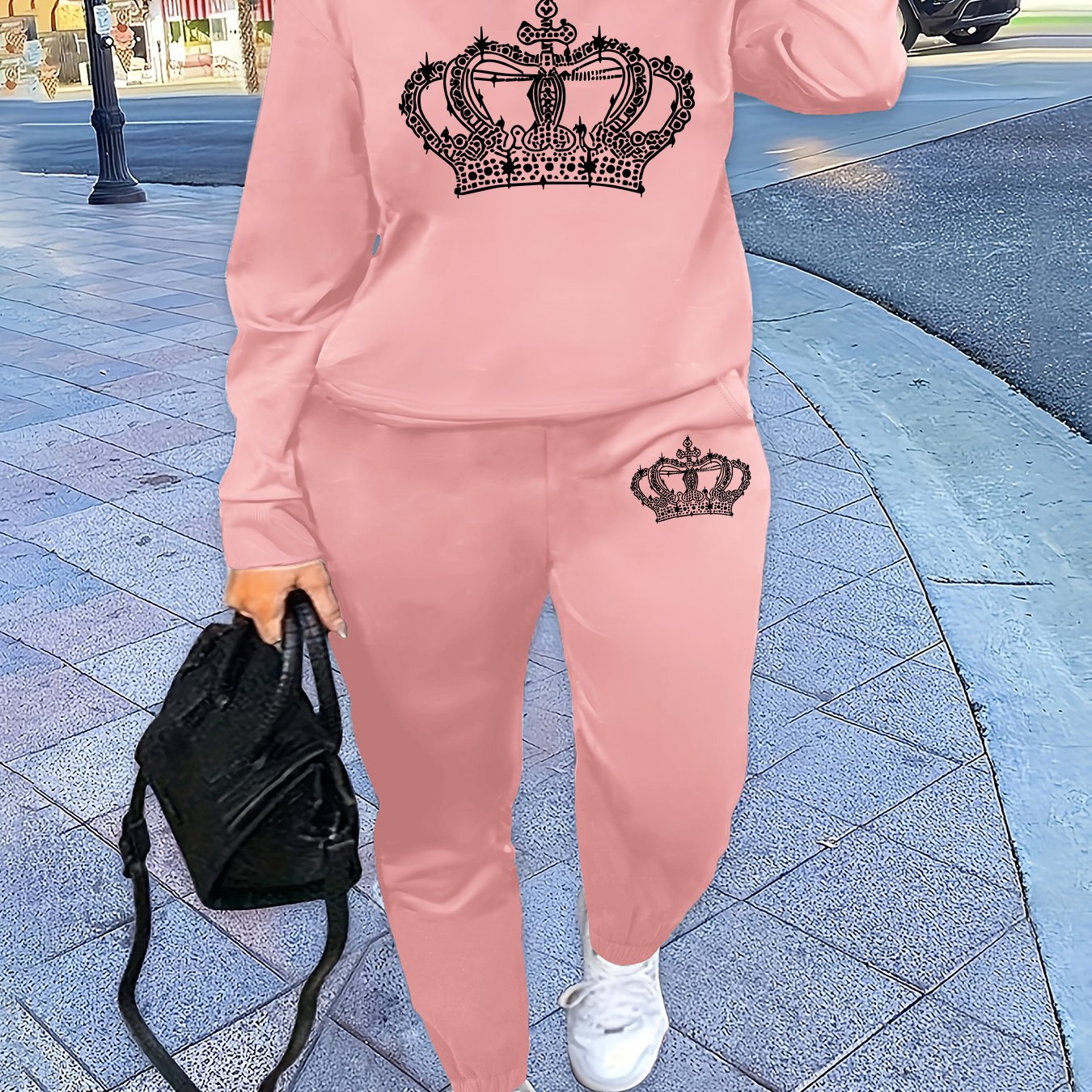 Women'S Casual Crew Neck Sweatshirt & Pants Set - with Crown Print, Fleece-Lined, All-Season Comfort, Casual Attire, Casual Wear, |crown Print Sweatshirt|fleece Lined Pants, Sweater Set