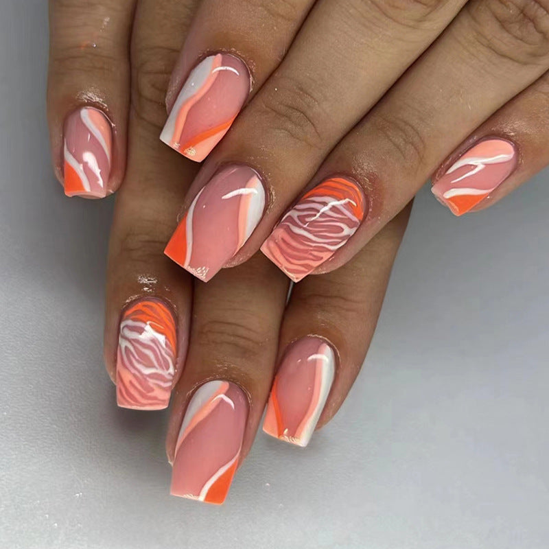 144pcs/6pcs Glitter Press On Nails - Square Medium Length False Nails with Geometric Stripes, Pale Pink & Orange Glossy Acrylic Full Cover Fake Nails with Glue for Women, Spring Summer Nail Art