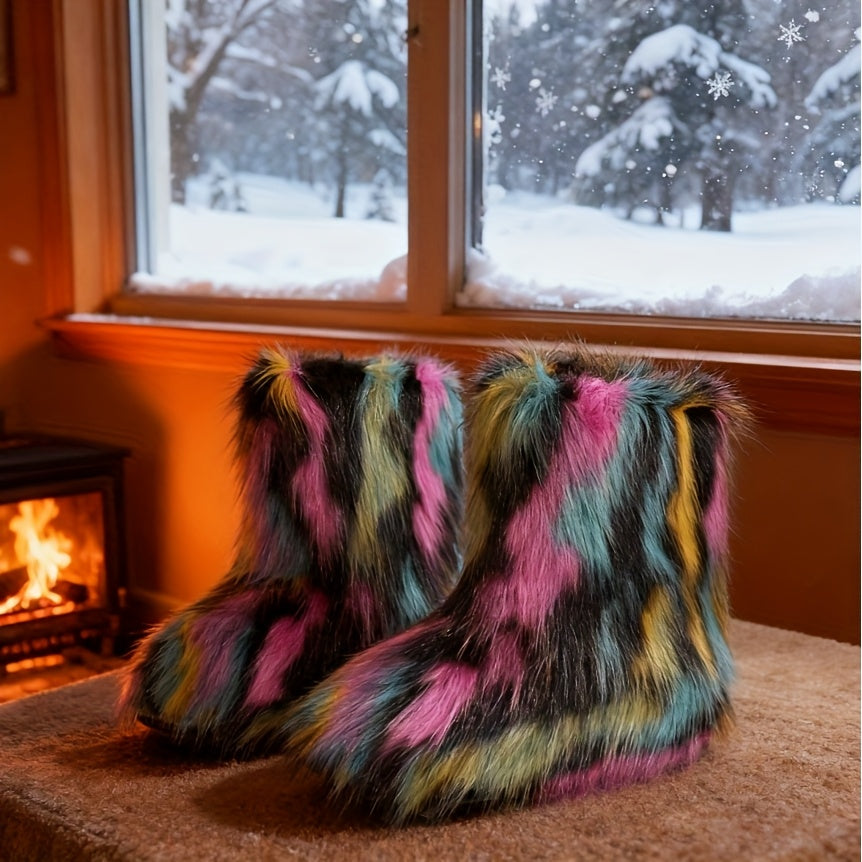 Women's Comfortable Winter Knee-High Boots - Soft Pink Faux Fur Lining, Suitable for Cold Weather, Winter Footwear | Furry Winter Boots | Comfortable Fabric Boots, Winter Shoes, Home Shoes, Slippers, Faux Fur Boots, Women's B