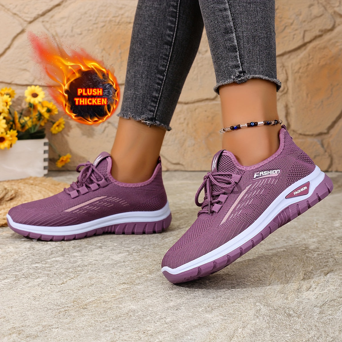 [Autumn And Winter ]Orange Fleece-Lined Warm Shoes, Thickened Cushioning Shoes Exclusive for Winter, Orange And Purple Spliced Lace-Up Trendy Warm Sports Shoes, White Casual Shoes, Shoes For Women/elegant Shoes For Women, Sea