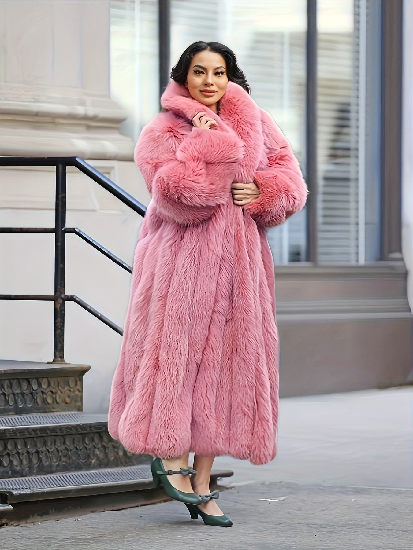 Plus Size - Plus Size Long Faux Rabbit Coat for Women | Stylish and Casual with Elegant Vibe, Non-Stretch Fabric, Lapel Collar, Solid Color, Regular Sleeve, Long Length, Fall/Winter Season