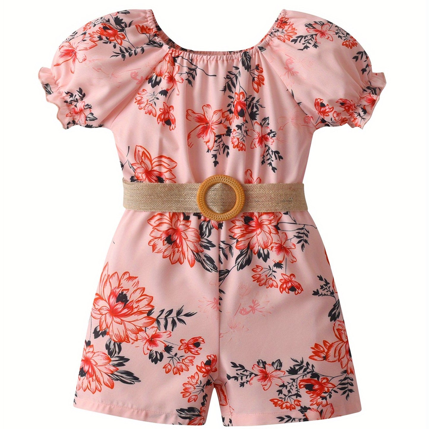[Floral Romper] Summer Floral Print Girls' Romper Jumpsuit | Puff Sleeve, Lace-Up Belt, Machine Washable, Casual Playwear for 7 Years, Little Girls Clothes, Breathable Fabric
