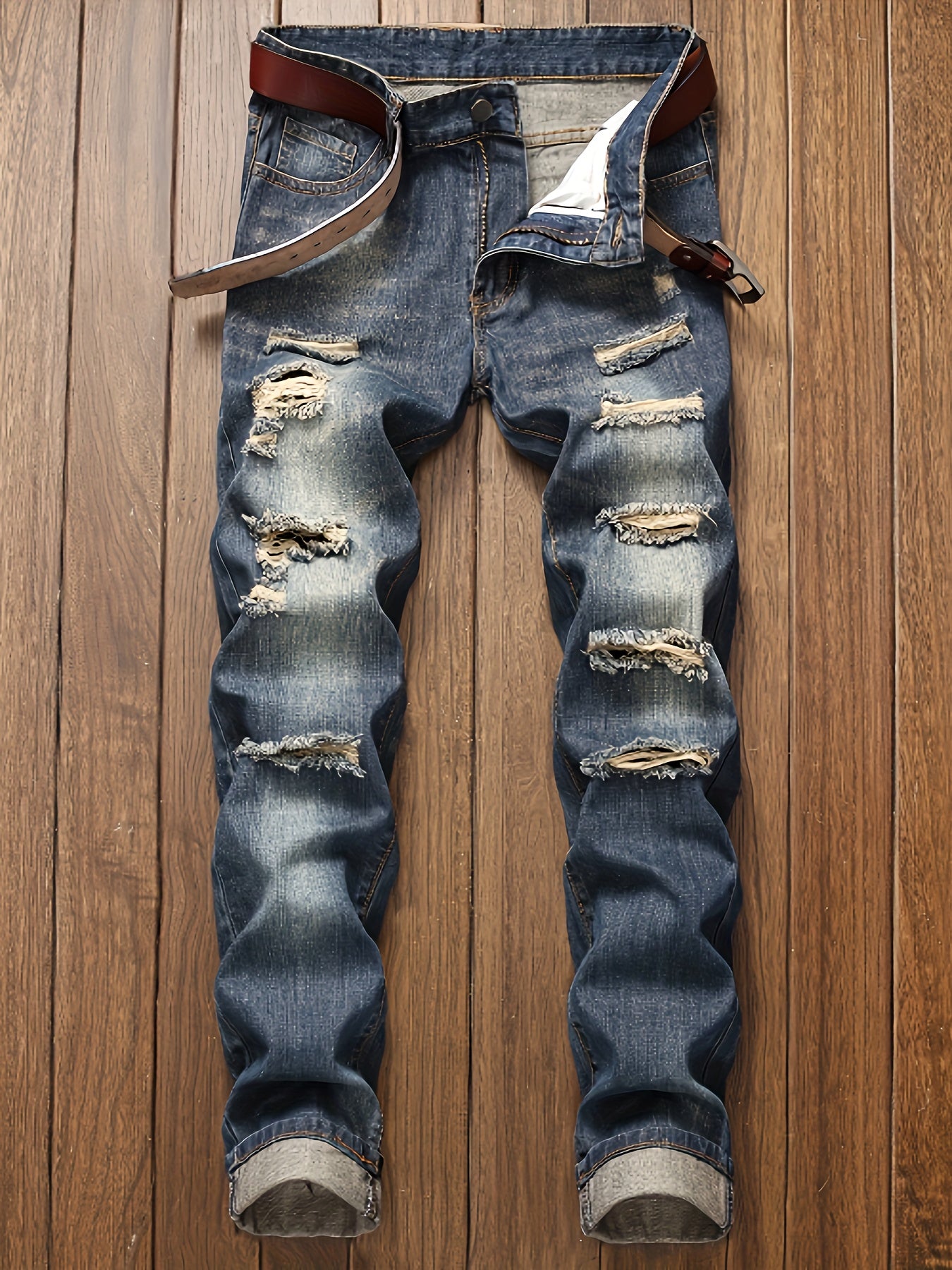[Dark Blue Slim Fit Jeans] Dark Blue Slim Fit Ripped Straight Leg Jeans - Men's Casual