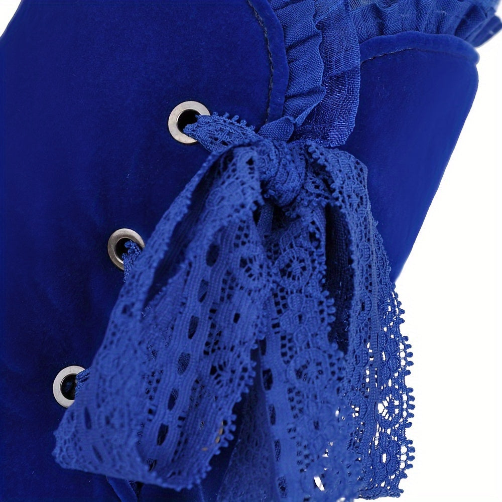 [Royal Blue Boots] Chunky Heel Women's Royal Blue Over-the-Knee Boots - Stretch Fabric, Round Toe, Rubber Sole, Side Zipper & Lace-Up Design - Fits 23-26.5cm Calf Length
