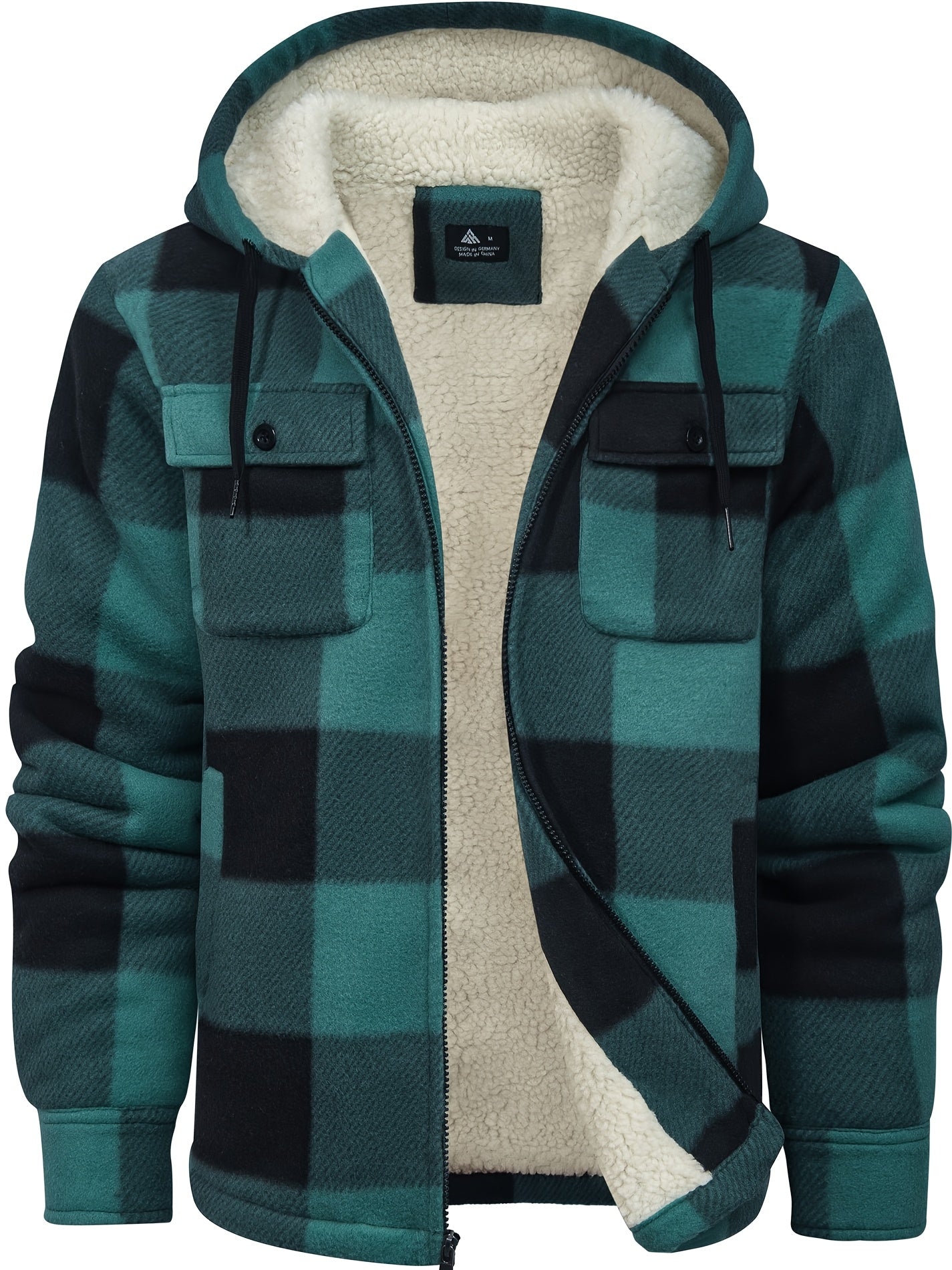 Men's Jacket, Heavyweight Hooded Sweater, Full Zip Thick Snow Mountain Lined Flannel Plaid Shirt with Pockets, Casual Style, Perfect for Autumn and Winter, Regular Fit, Hooded Collar, Plaid Pattern