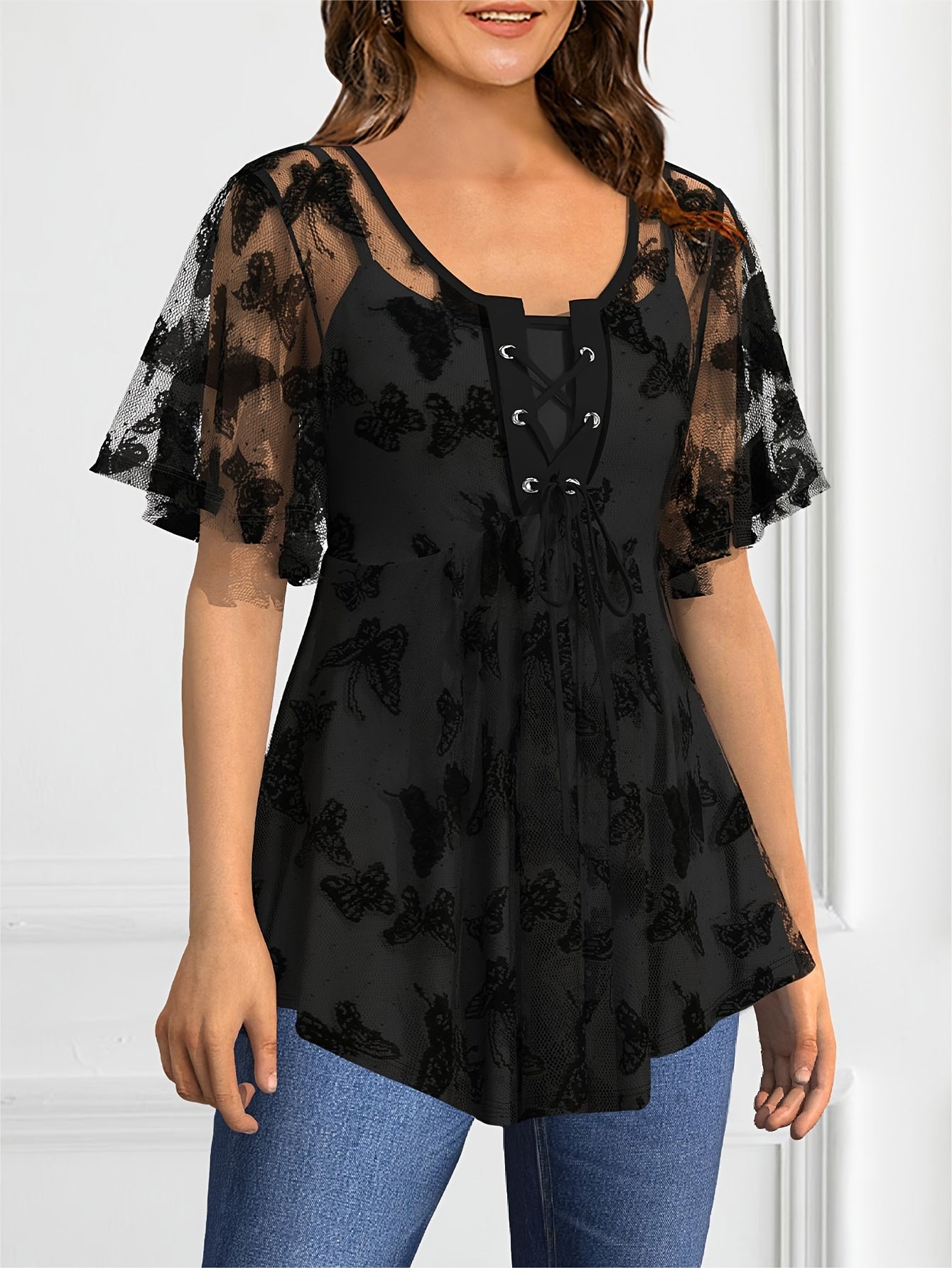 Plus Size Elegant Lace Up Butterfly Pattern Short Sleeve Top, Women's Clothing