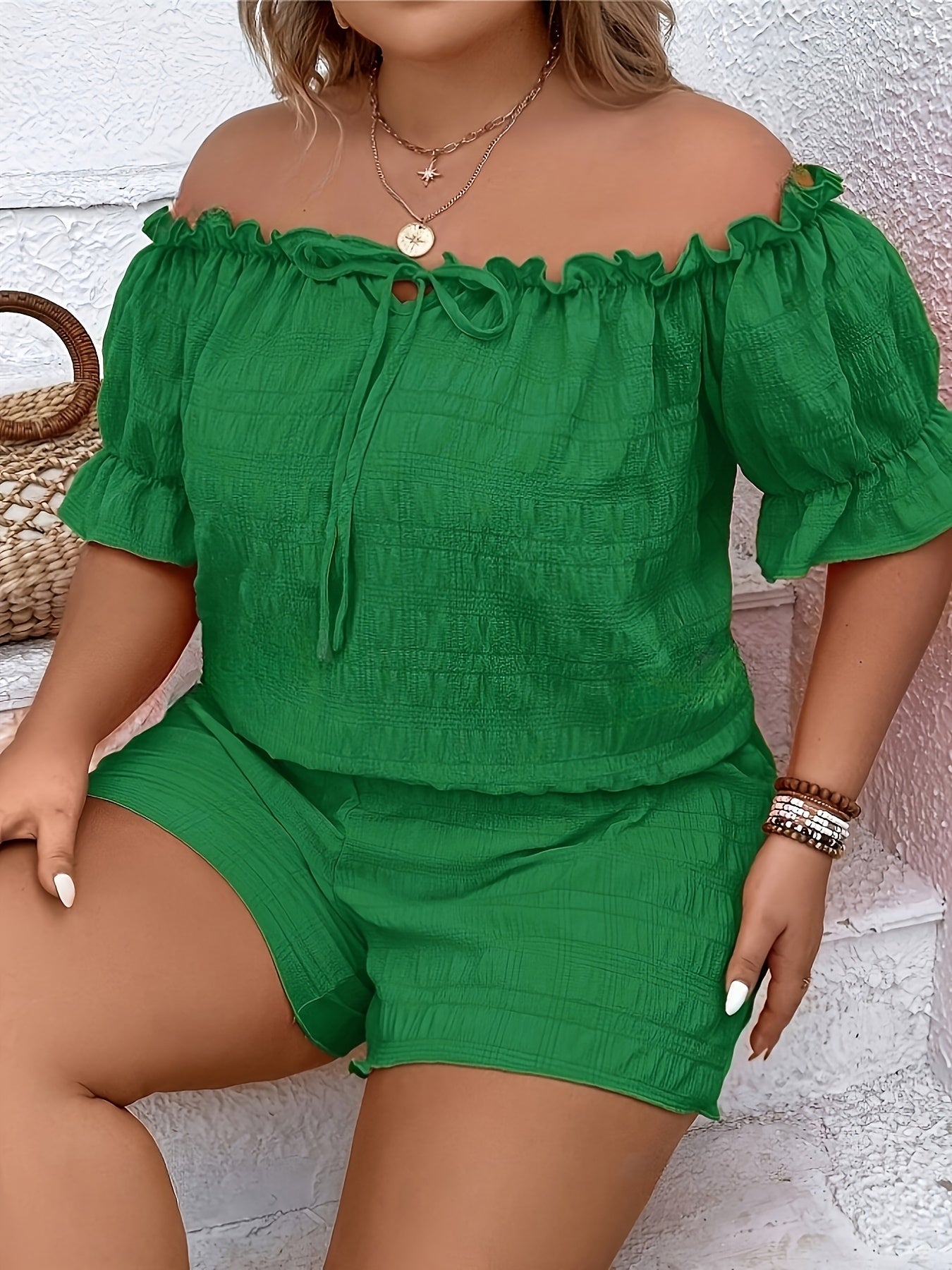 Plus Size - Plus Size Solid Textured Two-piece Set, Off Shoulder Lettuce Trim Short Sleeve Top & Shorts Outfits, Women'S Plus Size Clothing