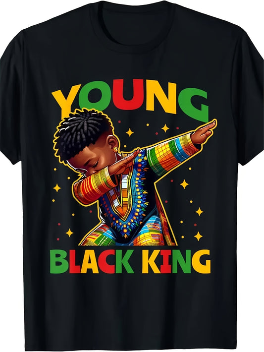 'Young Black King' Youth Celebration-Shirt- Vibrant African and Black History Month Design, Crew Neck, Short Sleeve, Washable- Suitable Boys and Girls