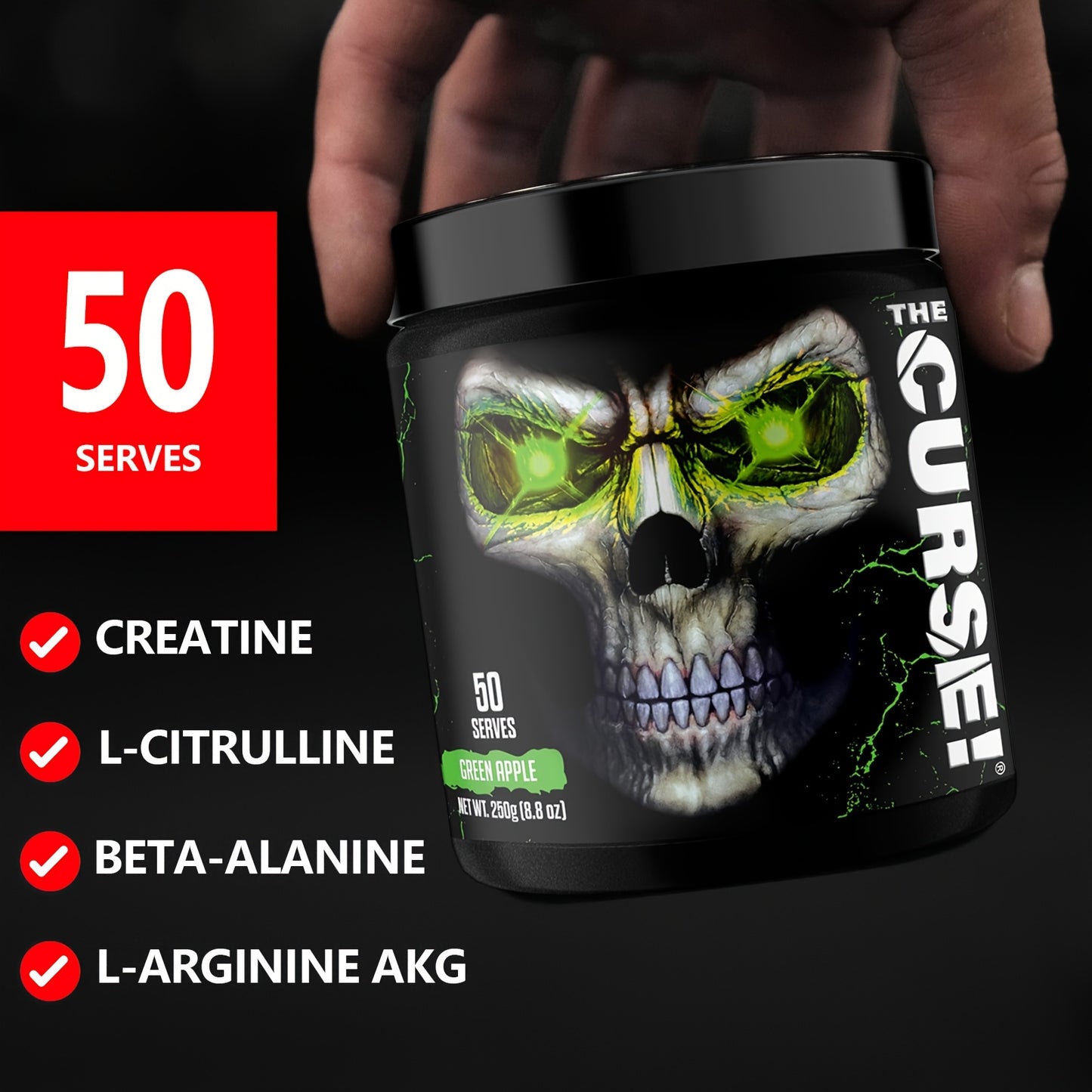 [Energy Focus] JNX SPORTS The Curse! Powder | 50 Servings | Energy + Focus for Men & Women | Caffeine, Beta-Alanine, Creatine & L-Citrulline-Green Apple