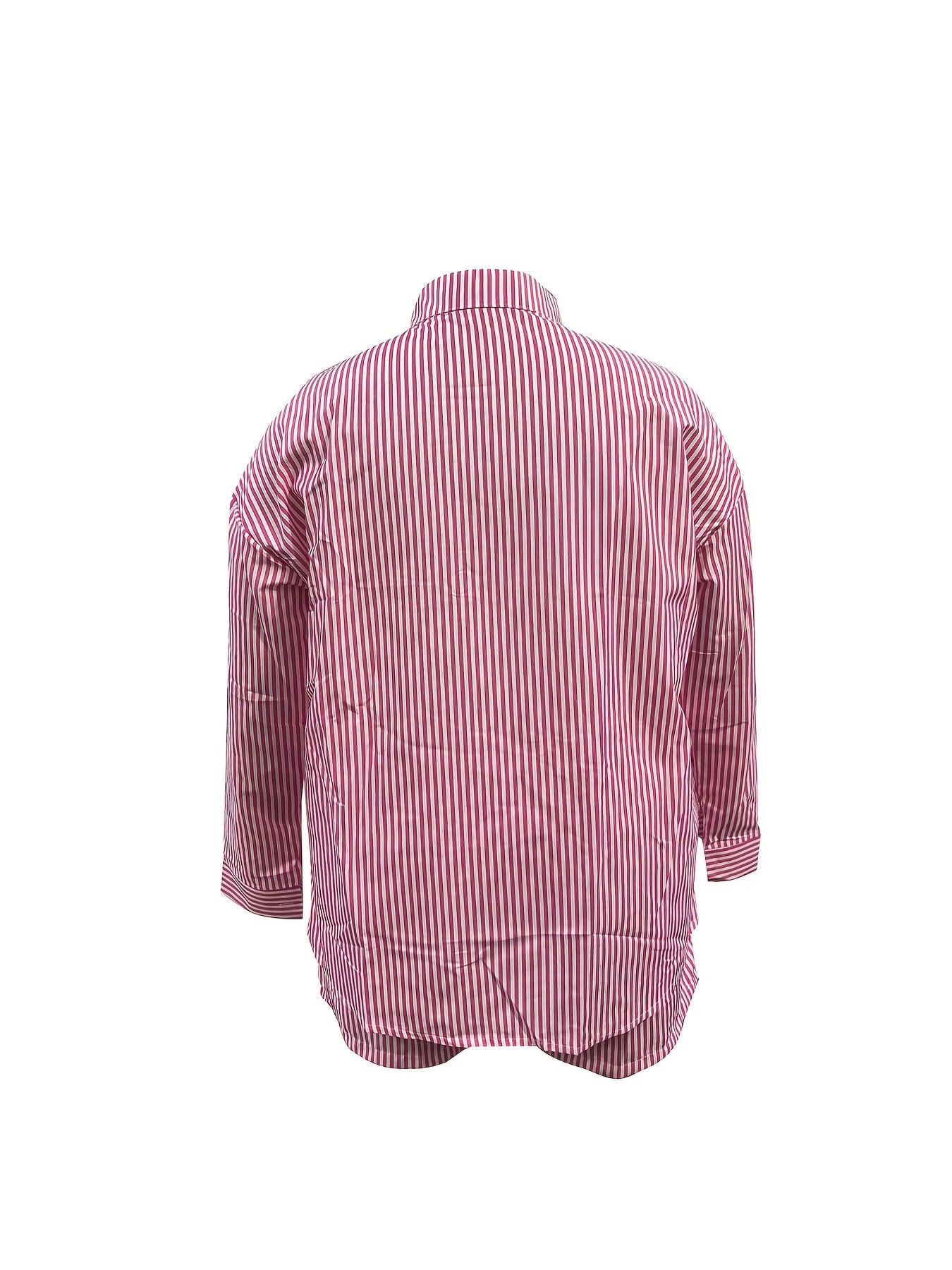 Plus Size Women's Chic Striped Print Two-Piece Set-Long Sleeve Button Shirt and Elastic Waist Shorts with Pockets, Perfect for Spring and Summer Fashion Casual Outings