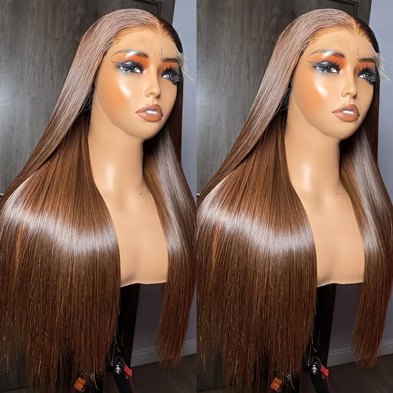 Chocolate Brown Straight Lace Front Wig - 13x4 HD Transparent Human Hair, 200% Density, Pre-Plucked with Baby Hair, Glueless Design for a Sleek, Natural Look