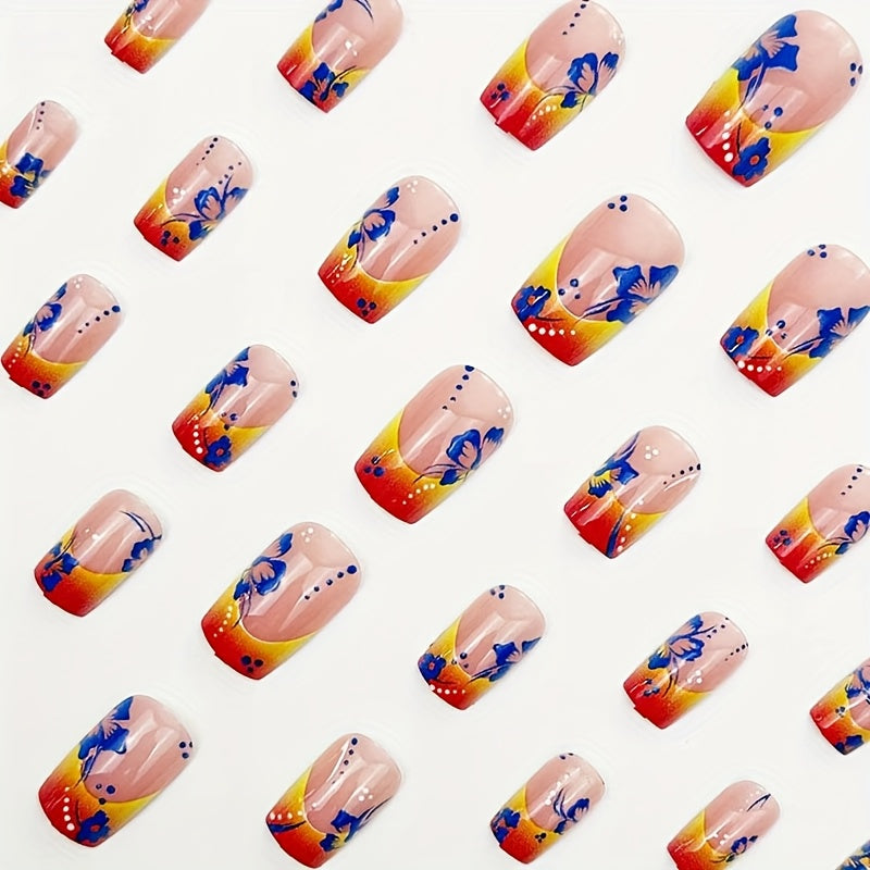 French-Style Gradient Press-On Nails with Blue Flowers & Orange Ombre - Square Medium Length Detachable Nail Extensions Suitable for Women Daily Wear, Parties, Weddings, Prom - Easy Application & Durable Glossy