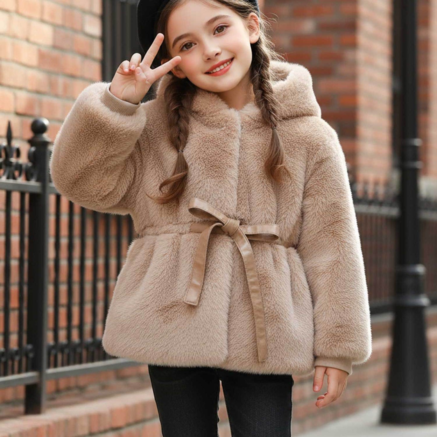 Girls' Winter Korean-Style Hooded Jacket with Faux Fur Plush & Waist Tie Belt - Thickened Coat, Beige/White Fur Outer, Loose Fit Warm Coat for, Playdates & Outdoor (Machine Washable) - Outerwear