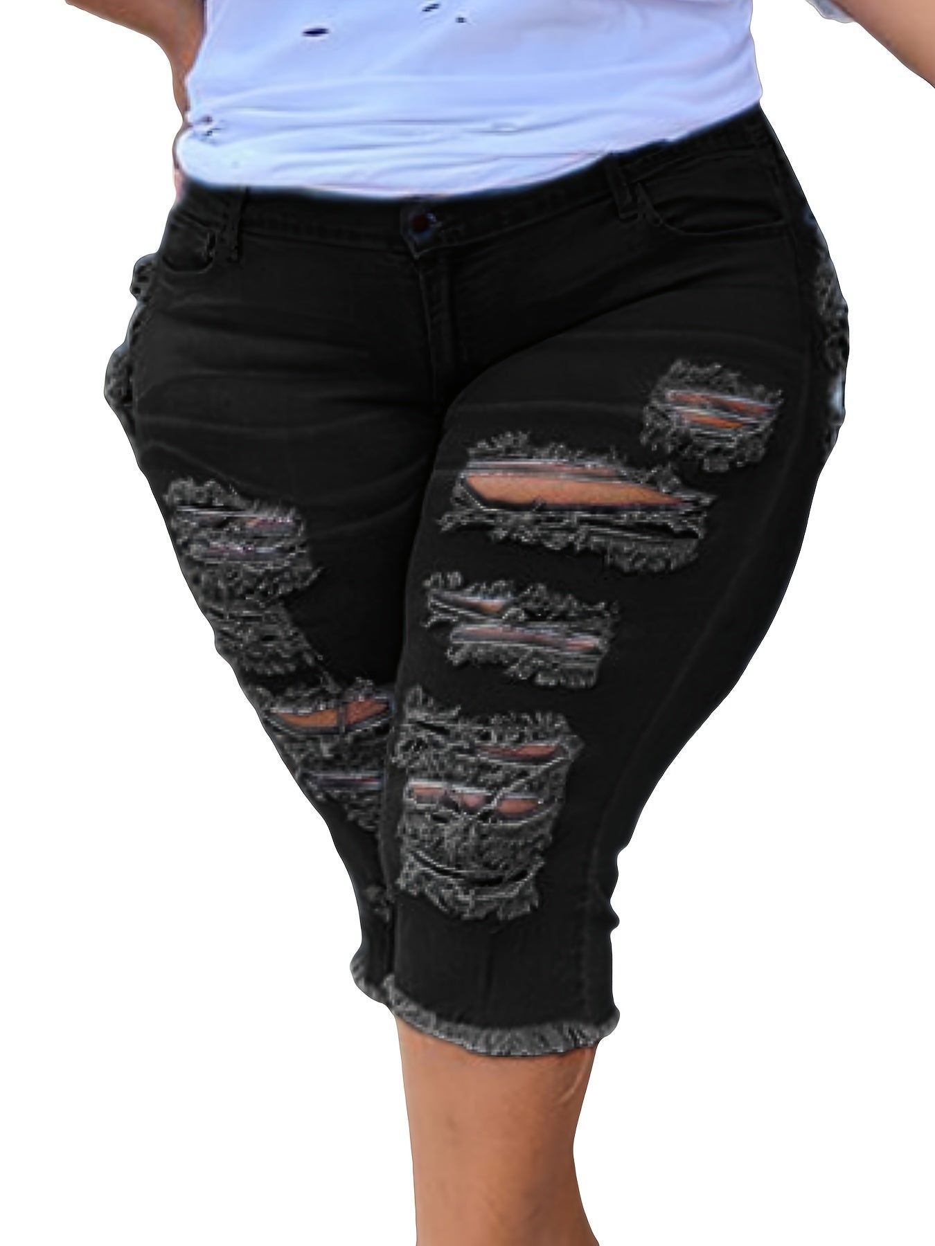 [Plus Size Ripped Denim Shorts]Fashionable Ripped Design And Frayed Hem, Solid Color Versatile - High-waisted, Trendy Street Style.