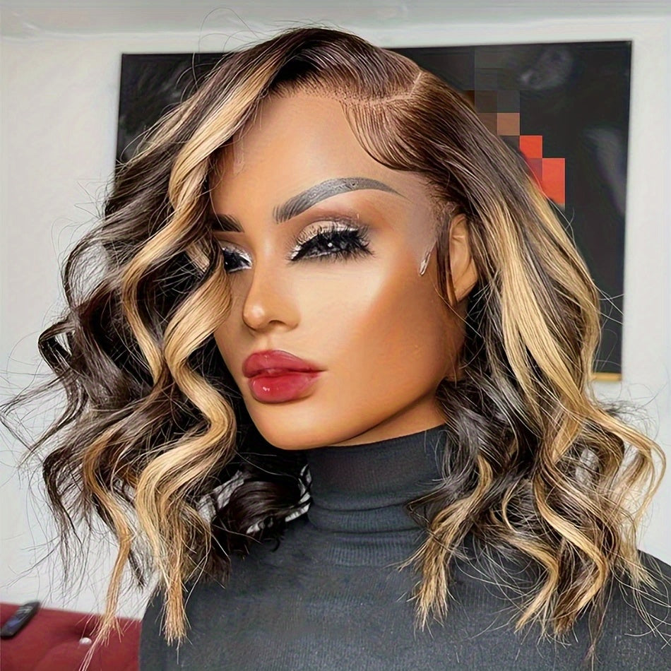 Ombre Honey Blonde 13x4 HD Glueless Lace Front Wig - 12 Inch Short Body Wave Human Hair Wig for, Pre-Plucked with Baby Hair & Bleached Knots, 250% Density, 4/27 Mixed Color, Fashion Accessory