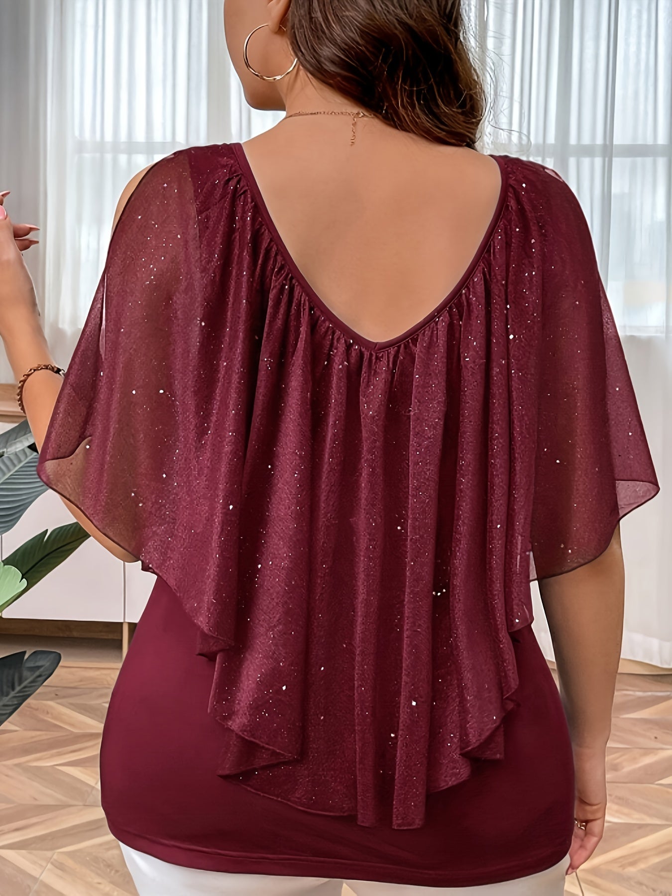 Women'S Elegant V-Neck Pleated T-Shirt, Summer Knit Polyester Tee with Frill Detail, Medium Stretch Solid Color Top, 95% Polyester 5% Elastane, 180g/m² Fabric Weight