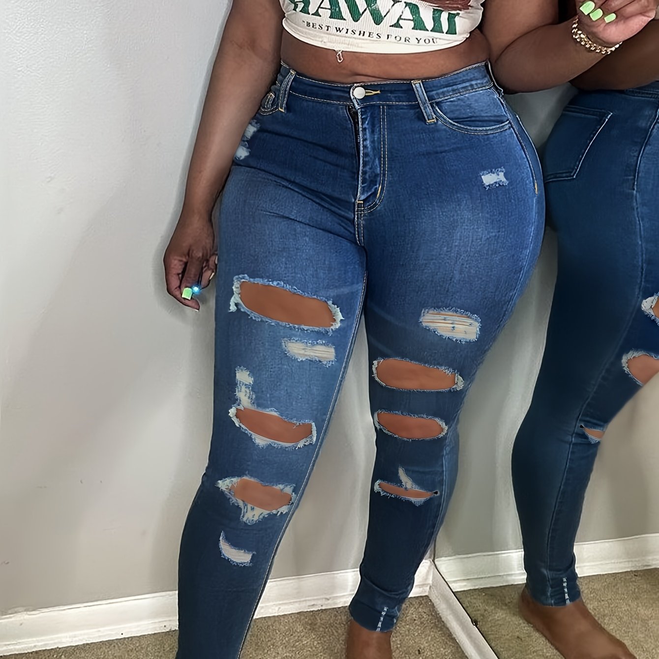 Women'S Plus Size Ripped Skinny Jeans - Stretch Denim With Distressed Details, Raw Hem & Frayed Cut-Outs, Casual American Country Style, WashSlim Fit For All Seasons, Versatile Clothing | Distressed Denim | Blend Jeans